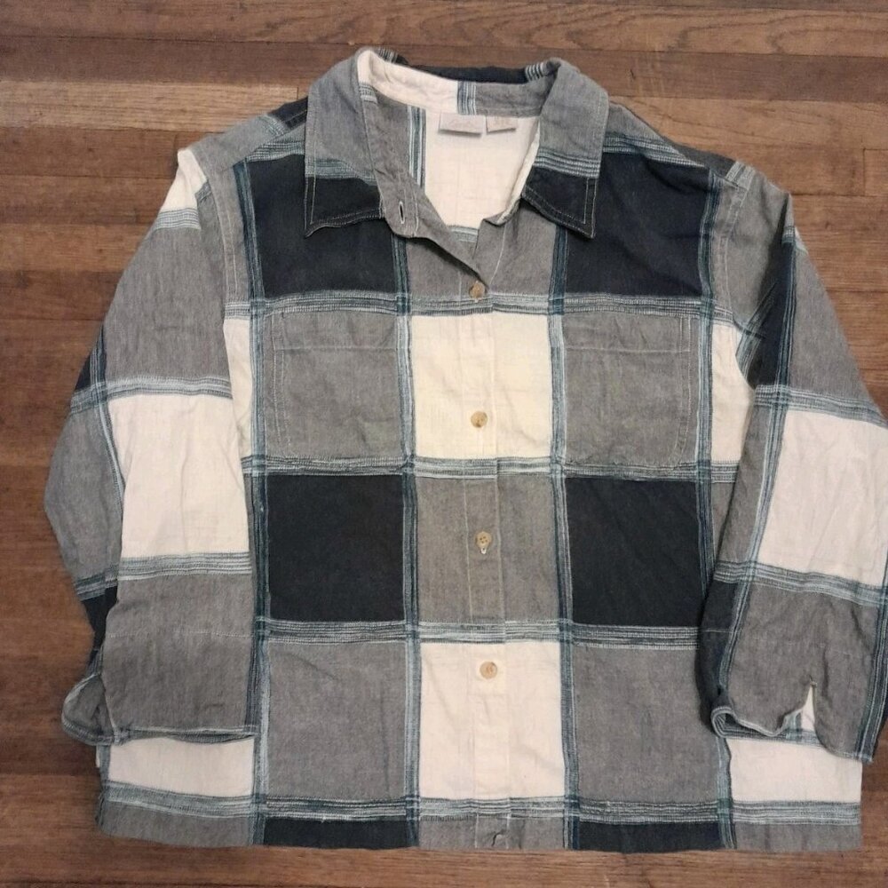 Womens Boho Patchwork Cropped Casual Button Down Size XL Blue Cream